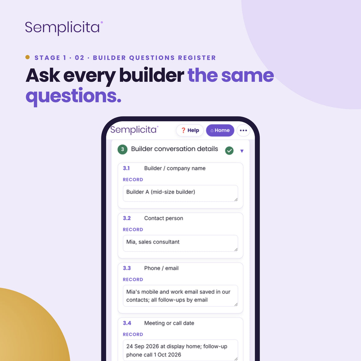 Builder Questions Register — Builder Selection Bundle, shown in the Semplicita Workspace App