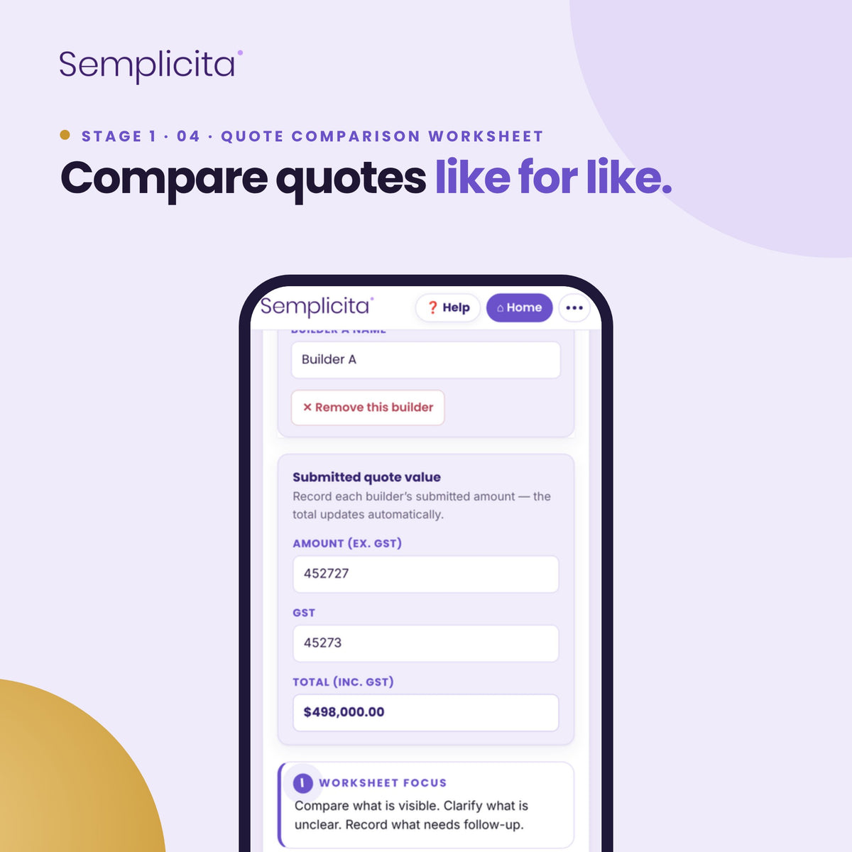 Quote Comparison Worksheet — Builder Selection Bundle, shown in the Semplicita Workspace App