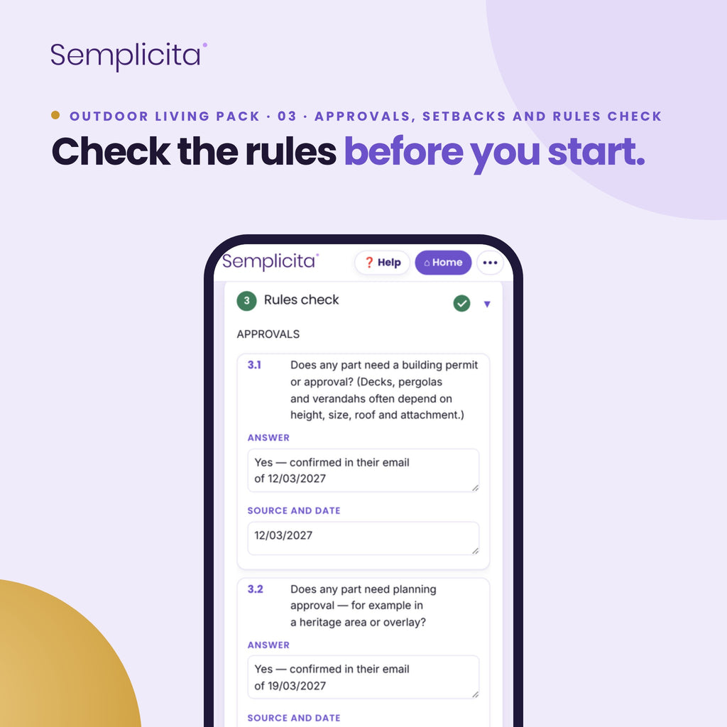 Approvals, Setbacks and Rules Check — Outdoor Living Pack, shown in the Semplicita Workspace App