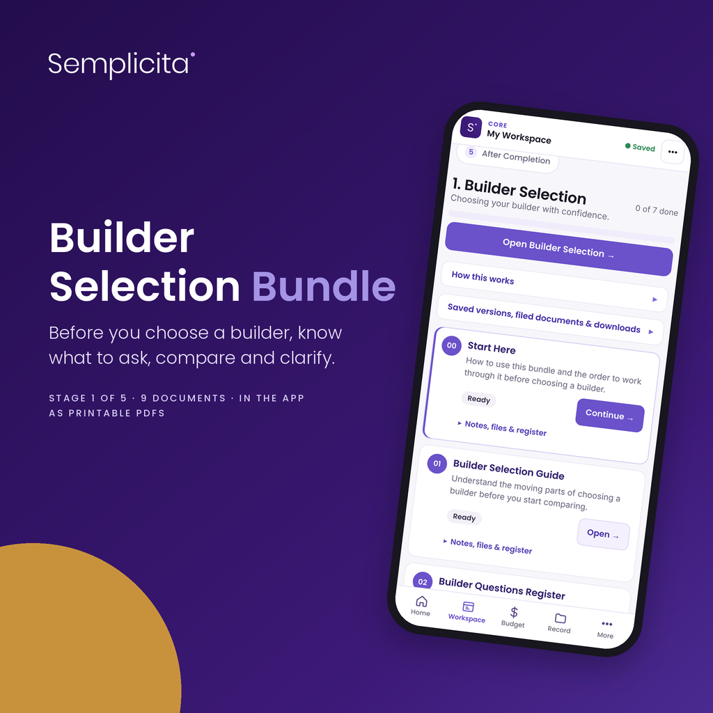 Builder Selection Bundle in the Semplicita Workspace App — Amy's project workspace on a phone