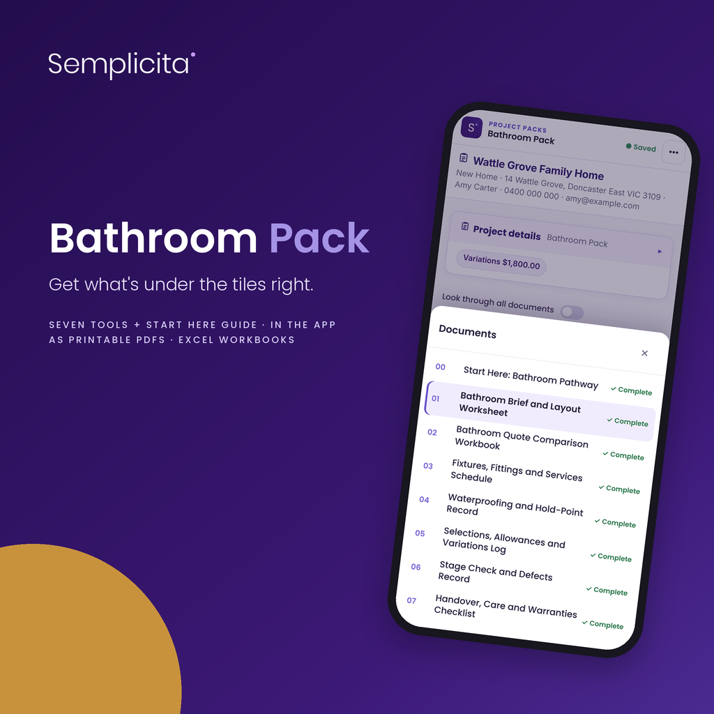Bathroom Pack in the Semplicita Workspace App — Amy's project workspace on a phone