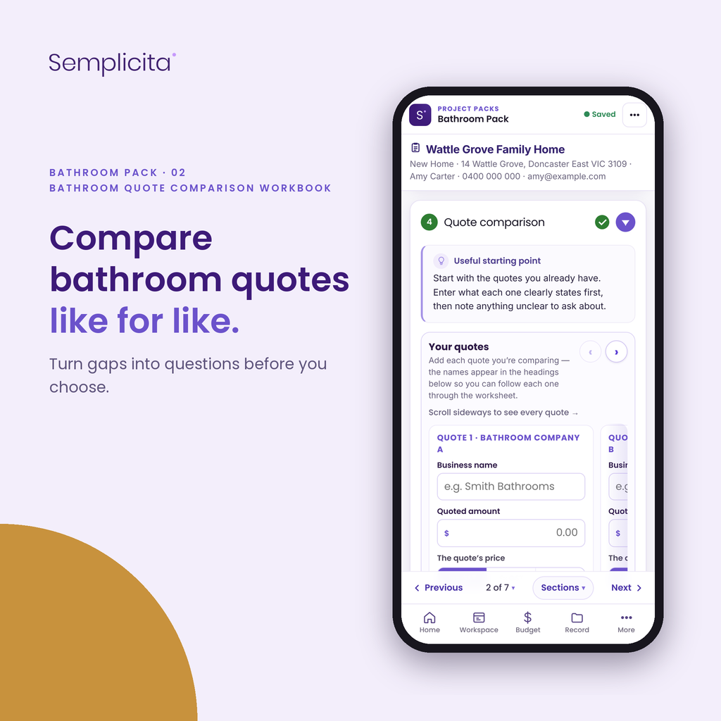 Bathroom Quote Comparison Workbook — Bathroom Pack, shown in the Semplicita Workspace App