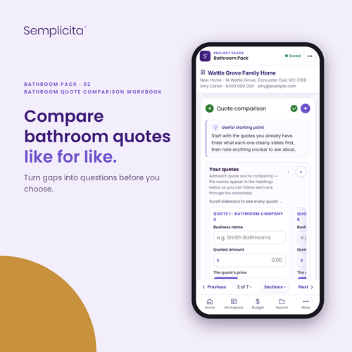 Bathroom Quote Comparison Workbook — Bathroom Pack, shown in the Semplicita Workspace App