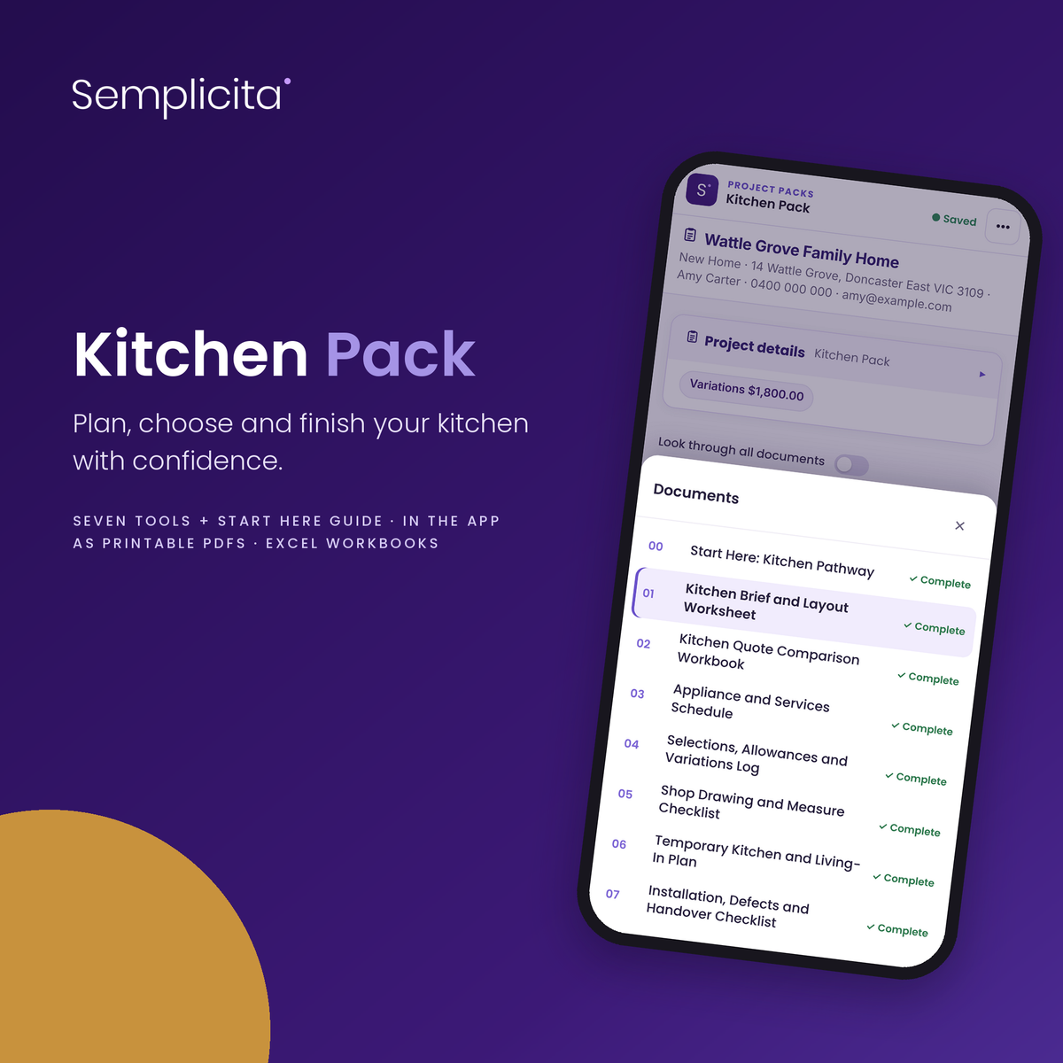 Kitchen Pack in the Semplicita Workspace App — Amy's project workspace on a phone