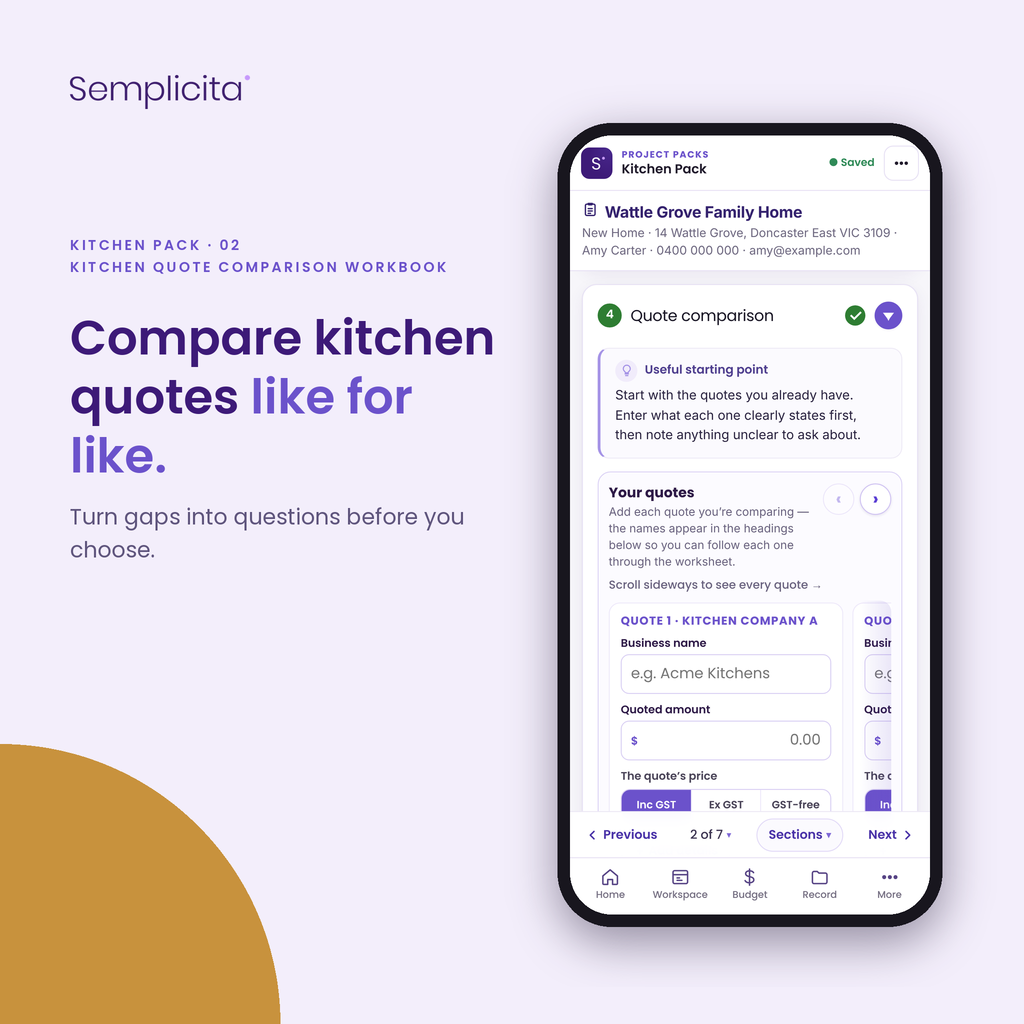 Kitchen Quote Comparison Workbook — Kitchen Pack, shown in the Semplicita Workspace App