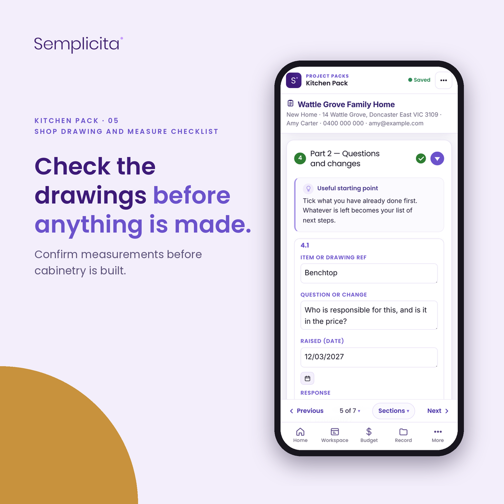 Shop Drawing and Measure Checklist — Kitchen Pack, shown in the Semplicita Workspace App
