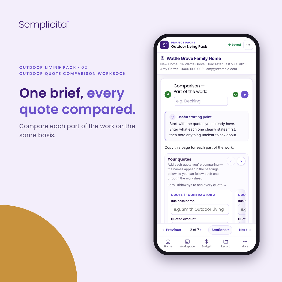 Outdoor Quote Comparison Workbook — Outdoor Living Pack, shown in the Semplicita Workspace App