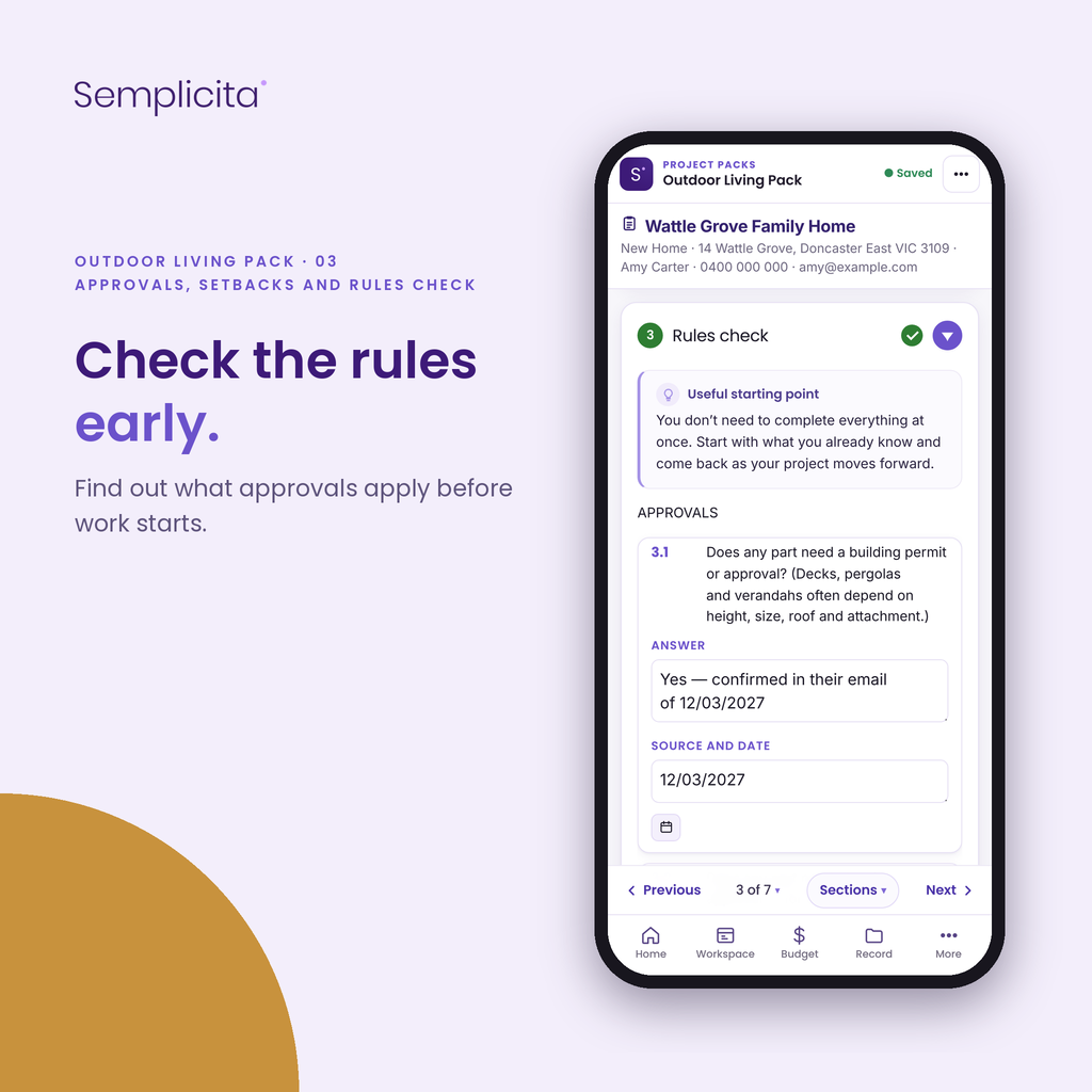 Approvals, Setbacks and Rules Check — Outdoor Living Pack, shown in the Semplicita Workspace App