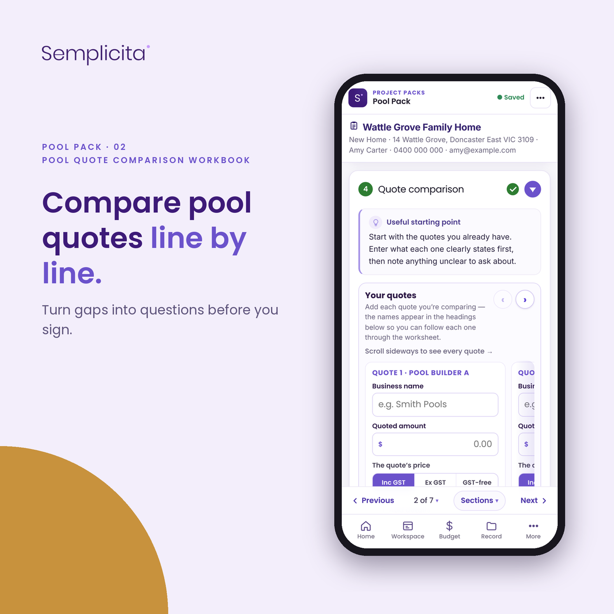 Pool Quote Comparison Workbook — Pool Pack, shown in the Semplicita Workspace App