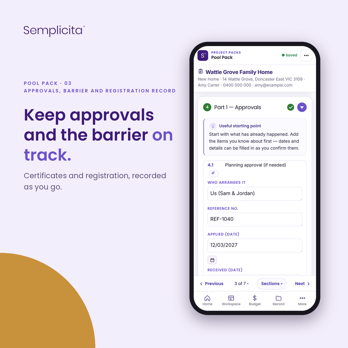 Approvals, Barrier and Registration Record — Pool Pack, shown in the Semplicita Workspace App