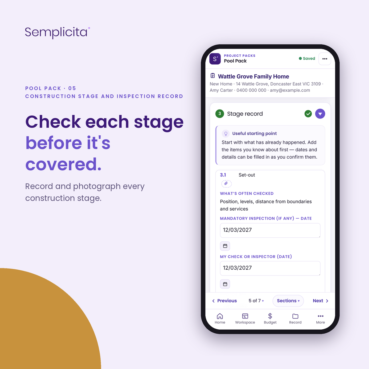 Construction Stage and Inspection Record — Pool Pack, shown in the Semplicita Workspace App