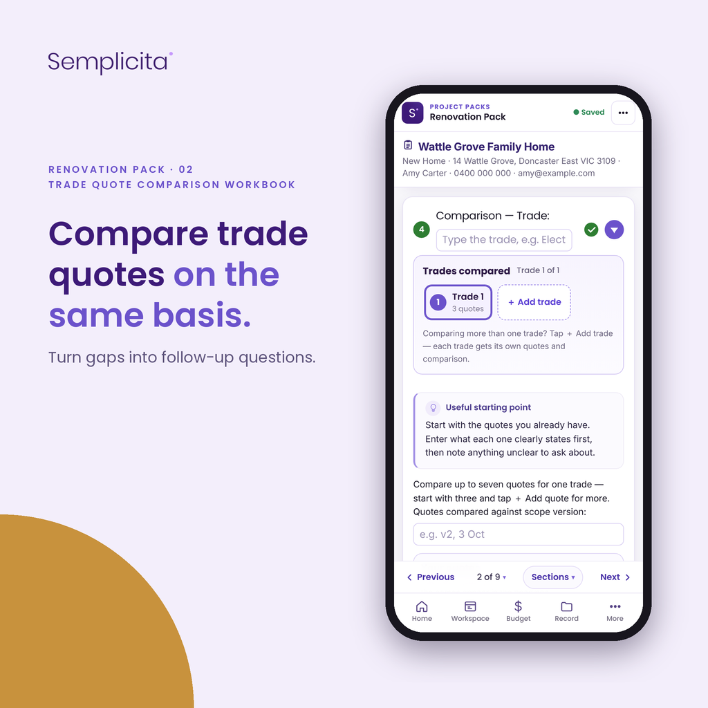 Trade Quote Comparison Workbook — Renovation Pack, shown in the Semplicita Workspace App