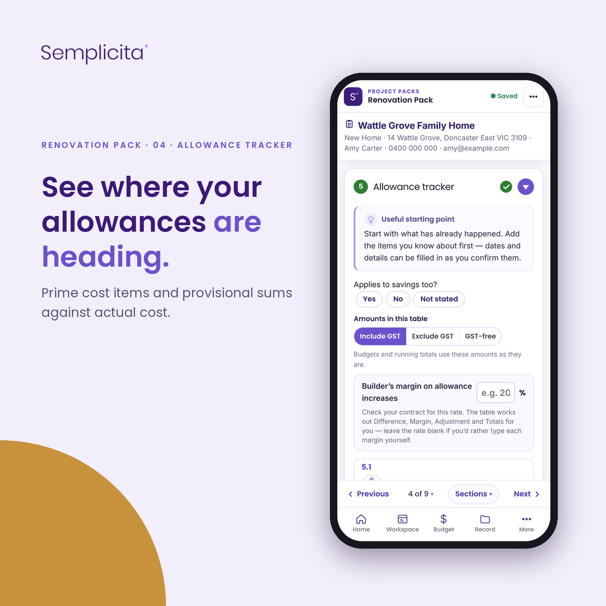 Allowance Tracker — Renovation Pack, shown in the Semplicita Workspace App