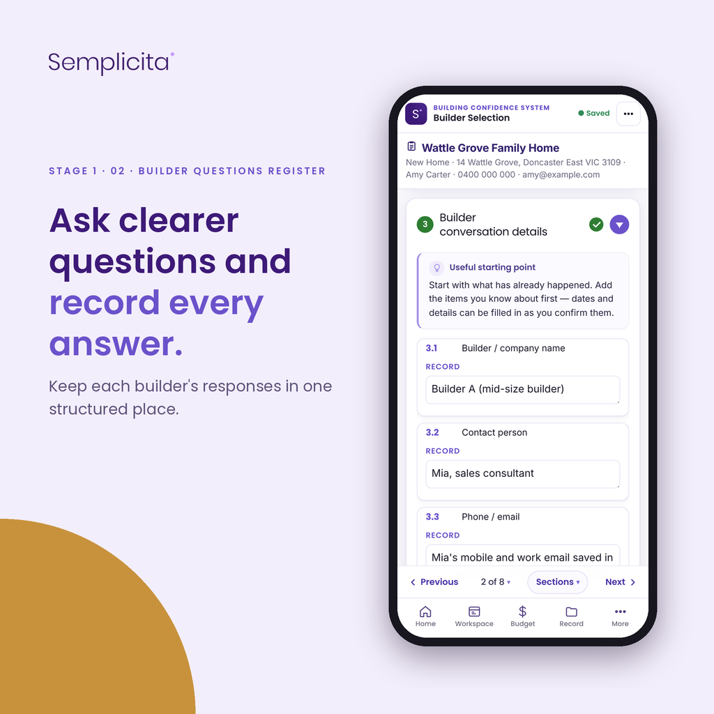 Builder Questions Register — Builder Selection Bundle, shown in the Semplicita Workspace App