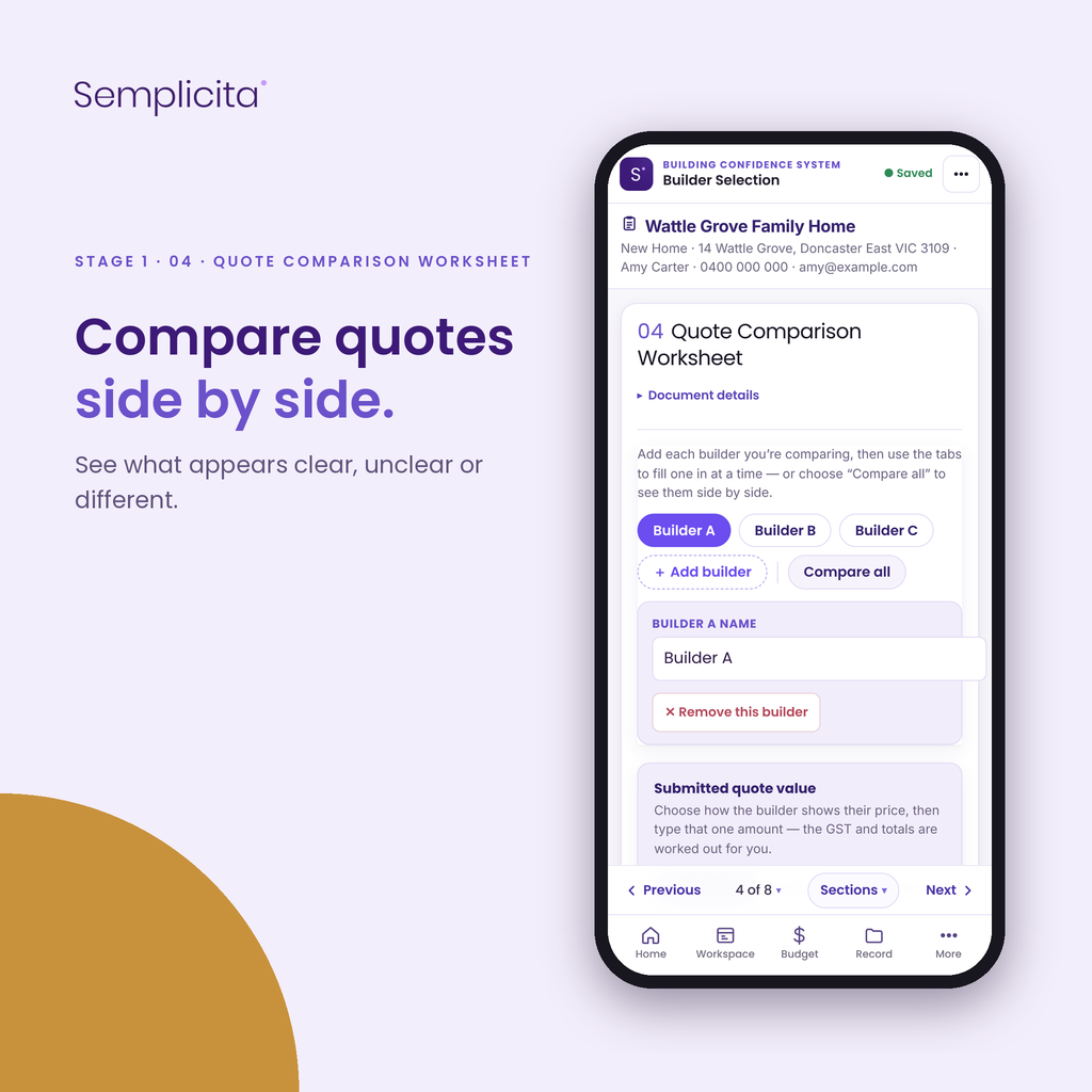 Quote Comparison Worksheet — Builder Selection Bundle, shown in the Semplicita Workspace App