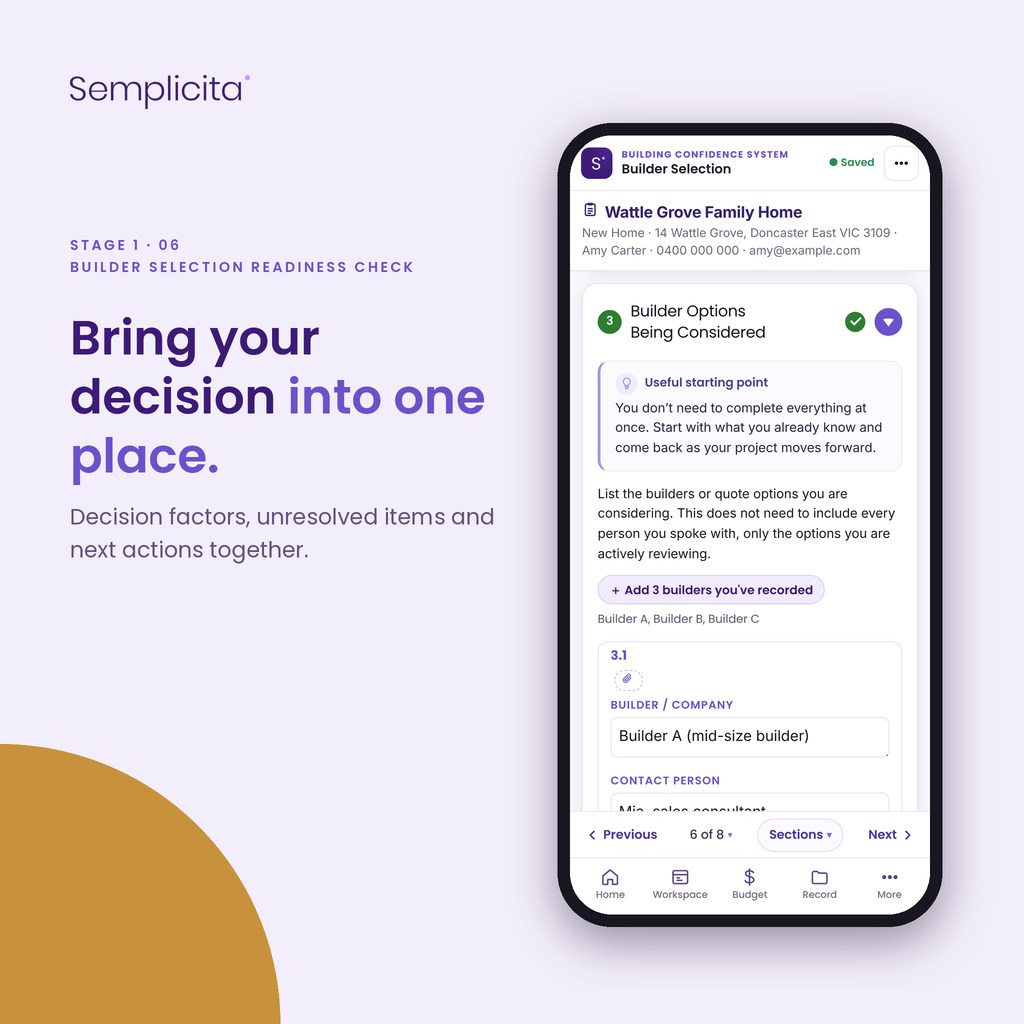 Builder Selection Readiness Check — Builder Selection Bundle, shown in the Semplicita Workspace App