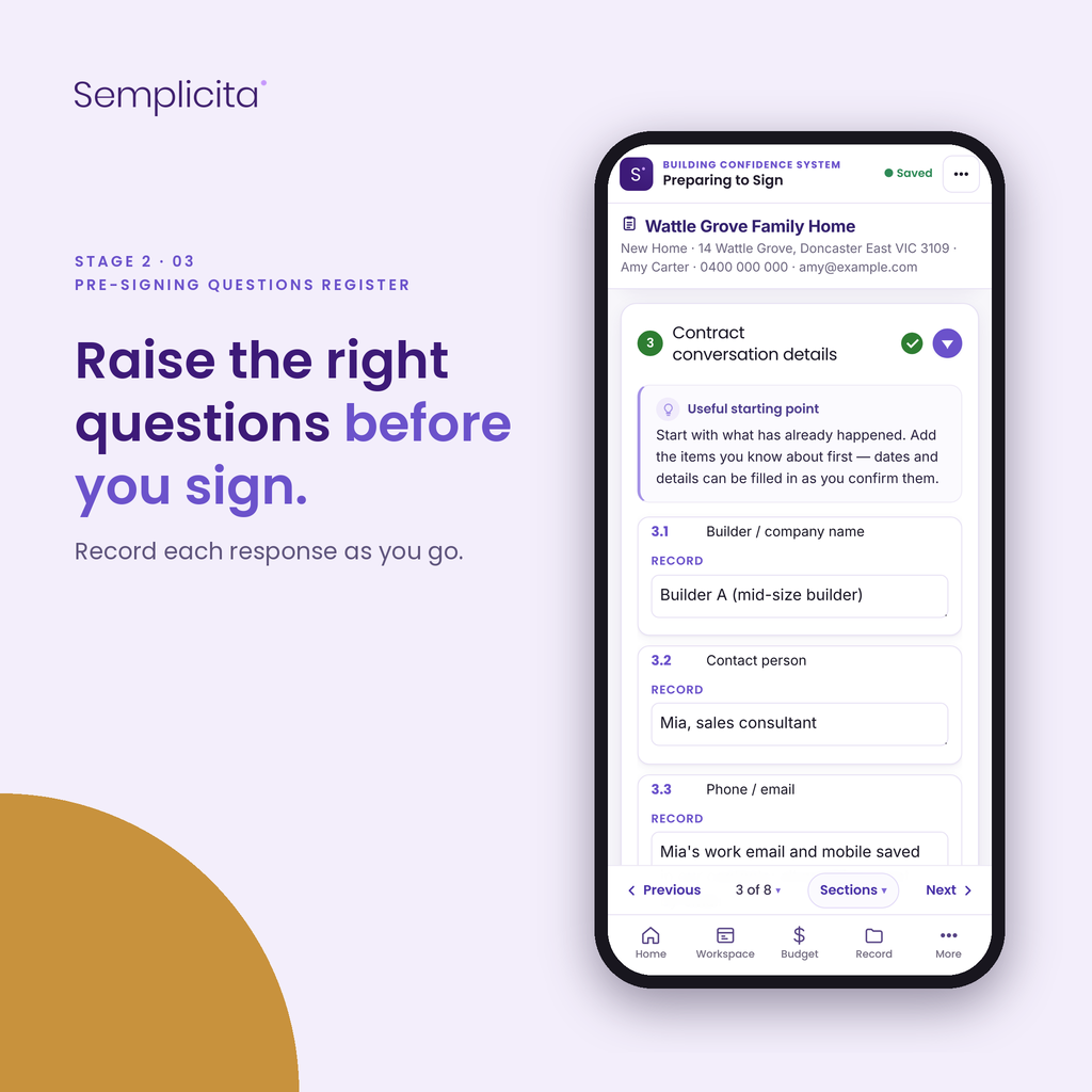Pre-Signing Questions Register — Preparing to Sign Bundle, shown in the Semplicita Workspace App