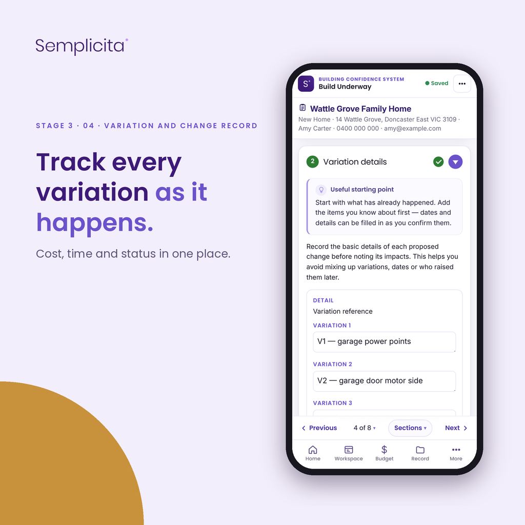 Variation and Change Record — Build Underway Bundle, shown in the Semplicita Workspace App