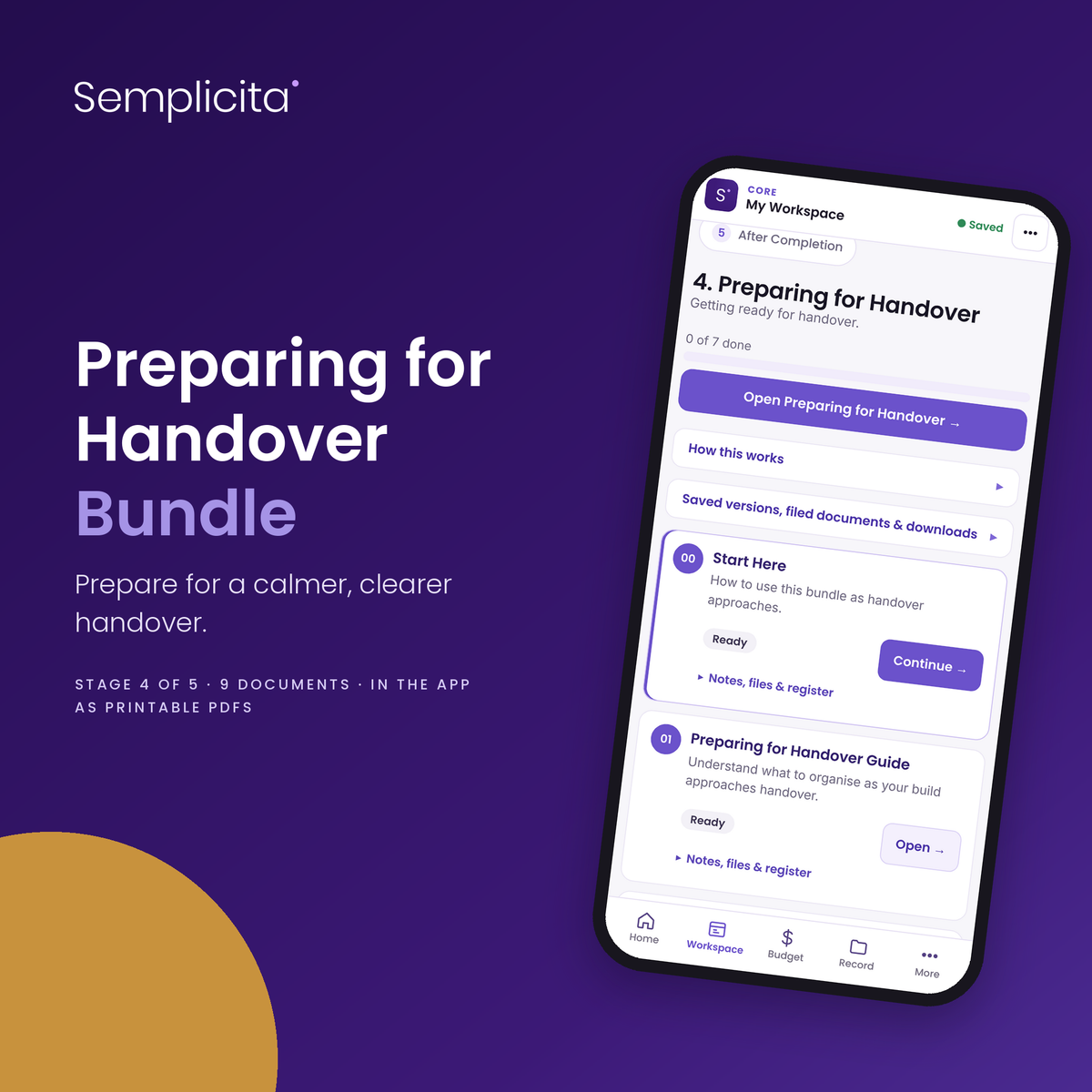 Preparing for Handover Bundle in the Semplicita Workspace App — Amy's project workspace on a phone