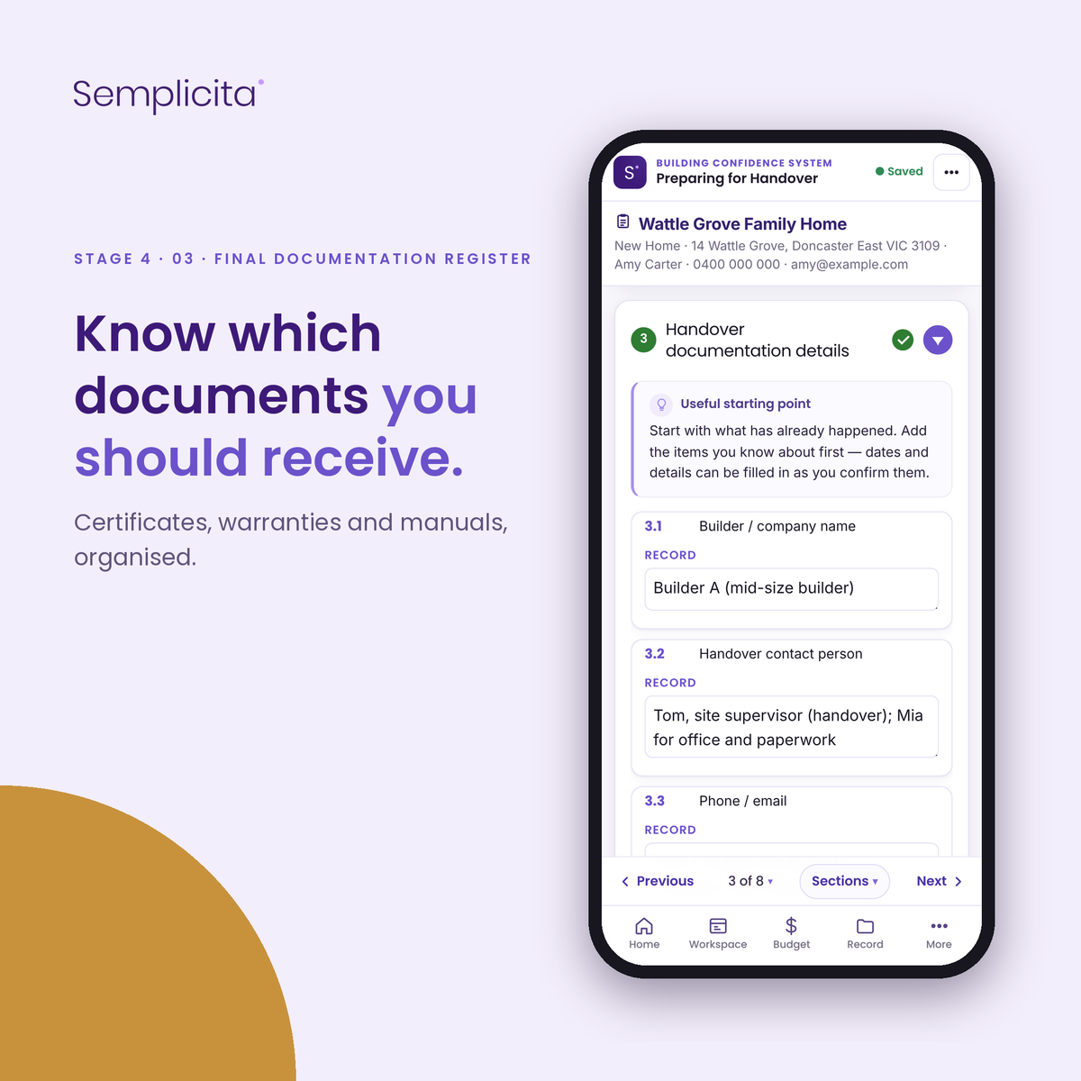 Final Documentation Register — Preparing for Handover Bundle, shown in the Semplicita Workspace App