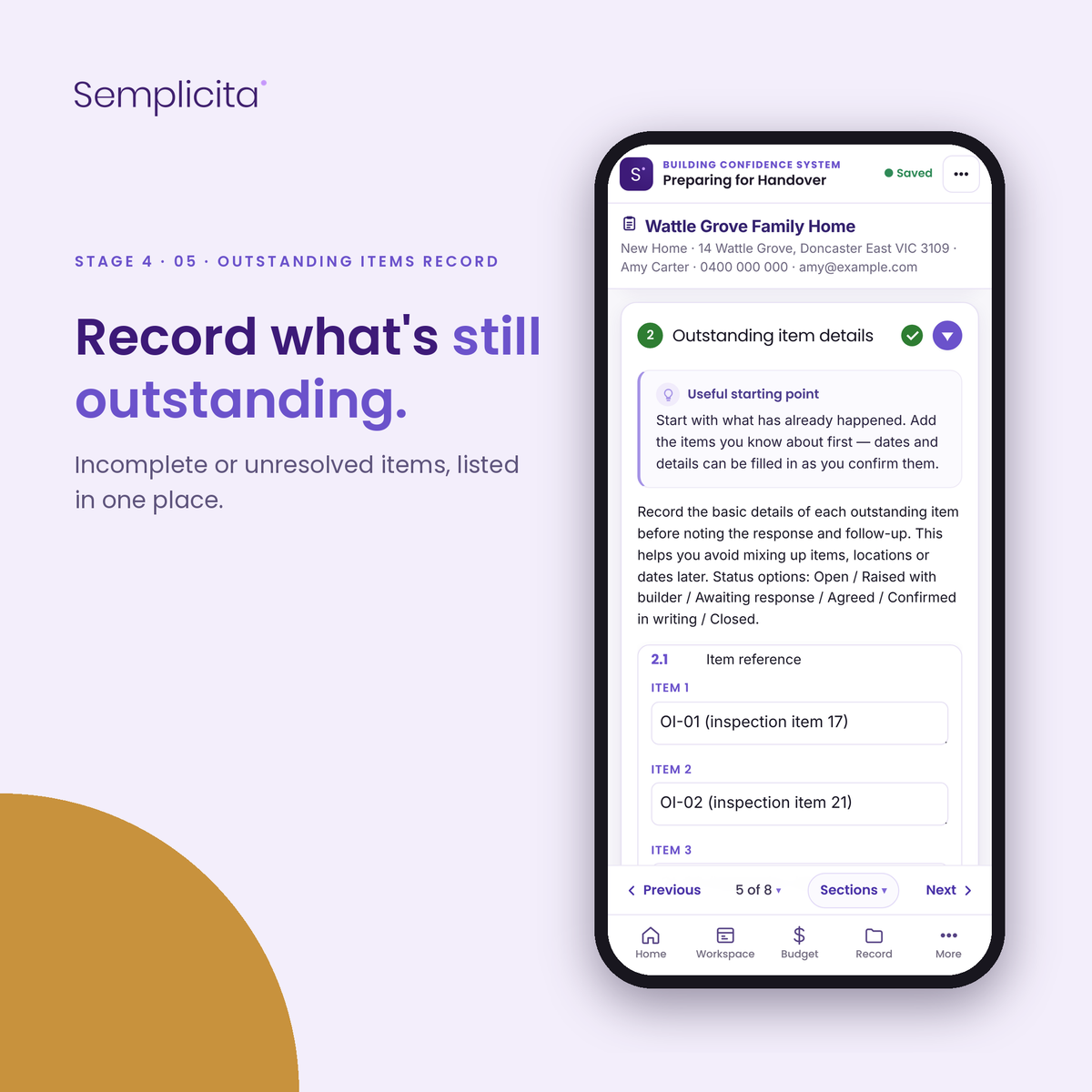 Outstanding Items Record — Preparing for Handover Bundle, shown in the Semplicita Workspace App
