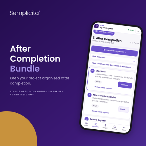 After Completion Bundle in the Semplicita Workspace App — Amy's project workspace on a phone