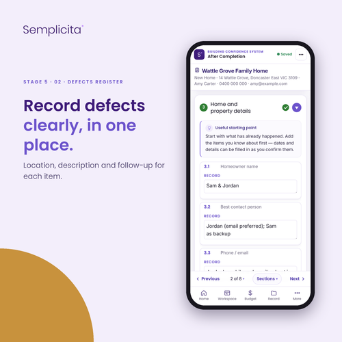 Defects Register — After Completion Bundle, shown in the Semplicita Workspace App