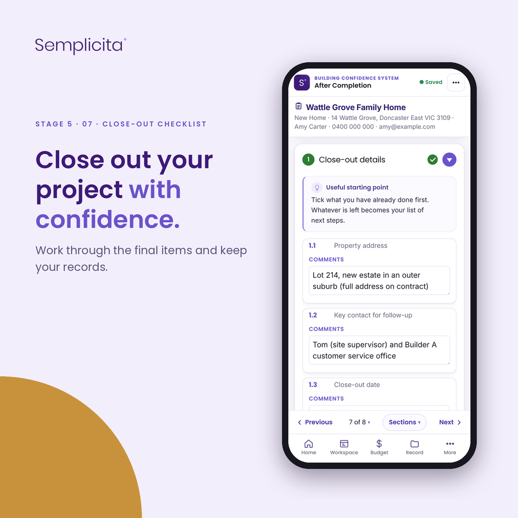 Close-Out Checklist — After Completion Bundle, shown in the Semplicita Workspace App
