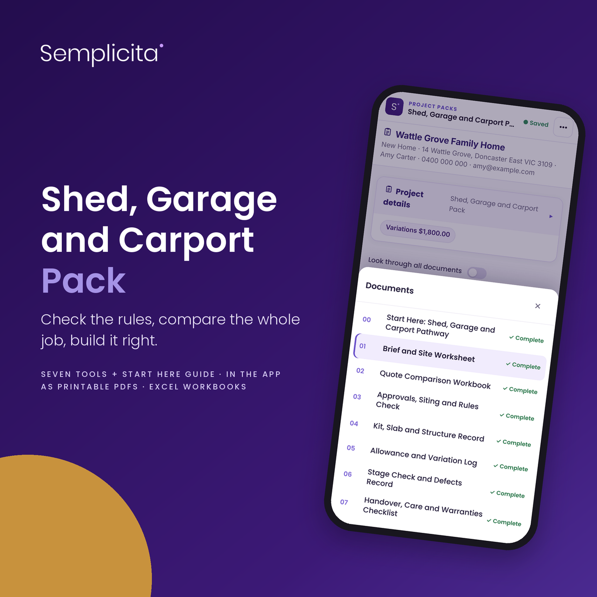 Shed, Garage and Carport Pack in the Semplicita Workspace App — Amy's project workspace on a phone