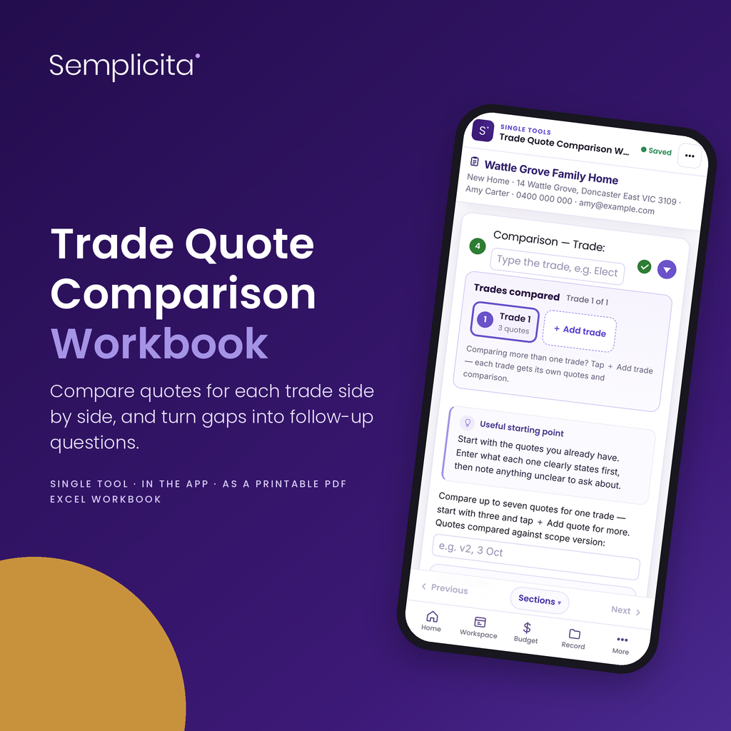 Trade Quote Comparison Workbook in the Semplicita Workspace App — Amy's project workspace on a phone