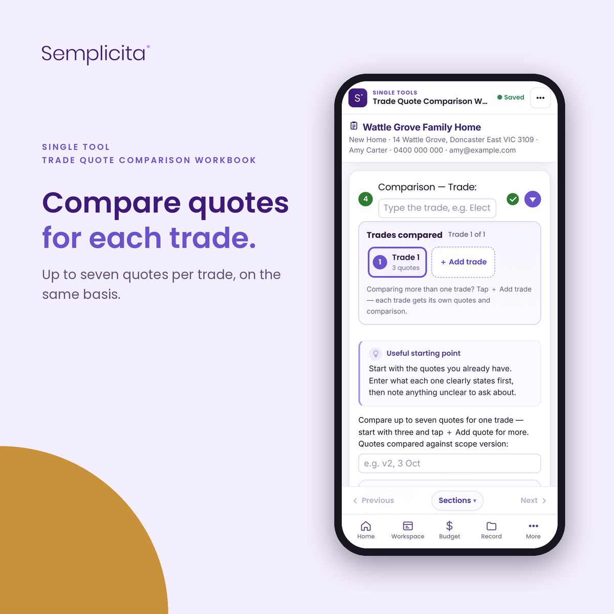 Trade Quote Comparison Workbook — Compare quotes for each trade. Shown in the Semplicita Workspace App