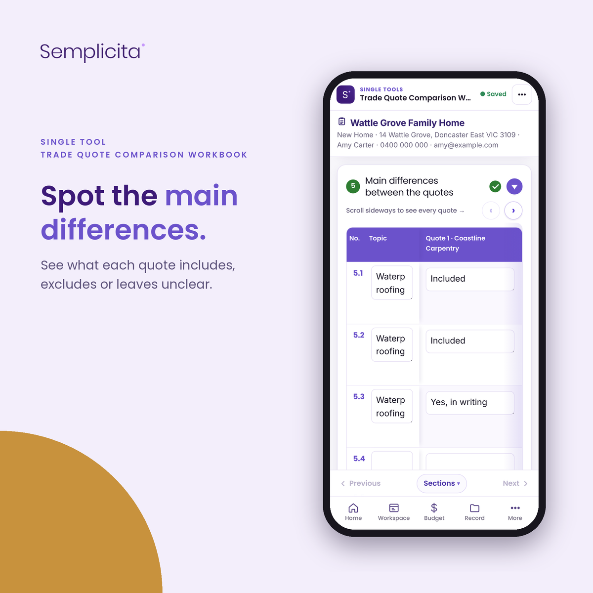 Trade Quote Comparison Workbook — Spot the main differences. Shown in the Semplicita Workspace App