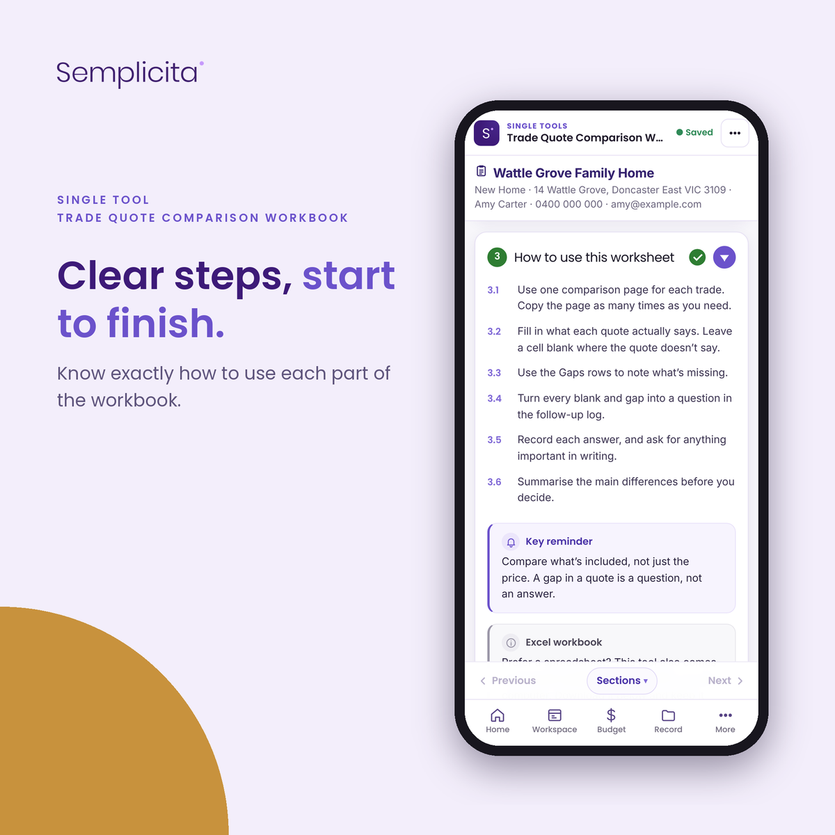 Trade Quote Comparison Workbook — Clear steps, start to finish. Shown in the Semplicita Workspace App