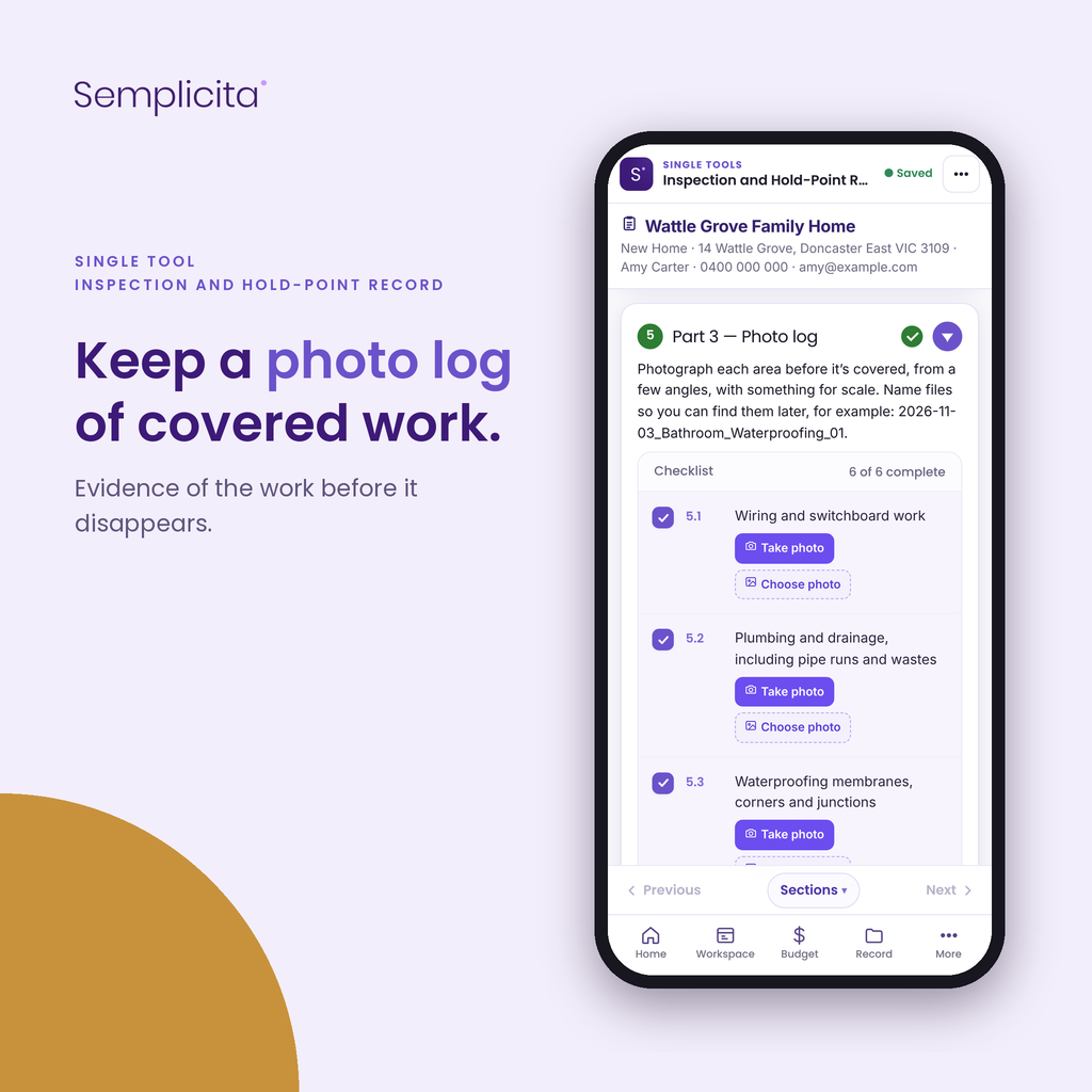 Inspection and Hold-Point Record — Keep a photo log of covered work. Shown in the Semplicita Workspace App
