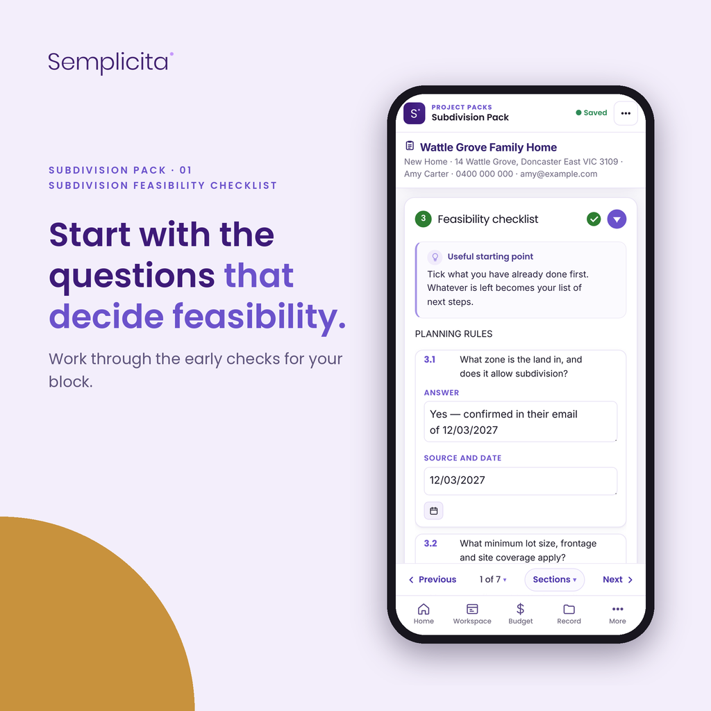 Subdivision Feasibility Checklist — Subdivision Pack, shown in the Semplicita Workspace App
