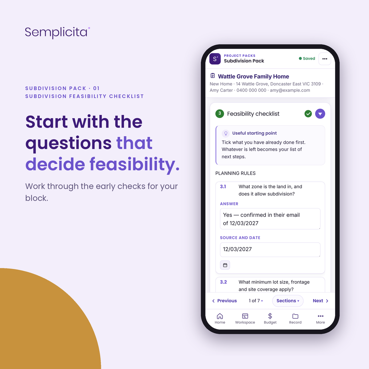 Subdivision Feasibility Checklist — Subdivision Pack, shown in the Semplicita Workspace App