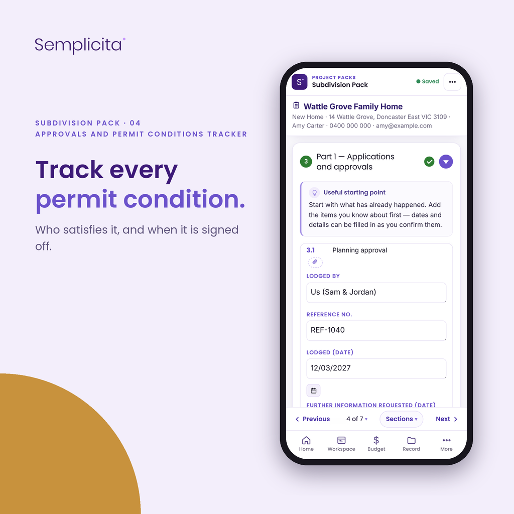 Approvals and Permit Conditions Tracker — Subdivision Pack, shown in the Semplicita Workspace App