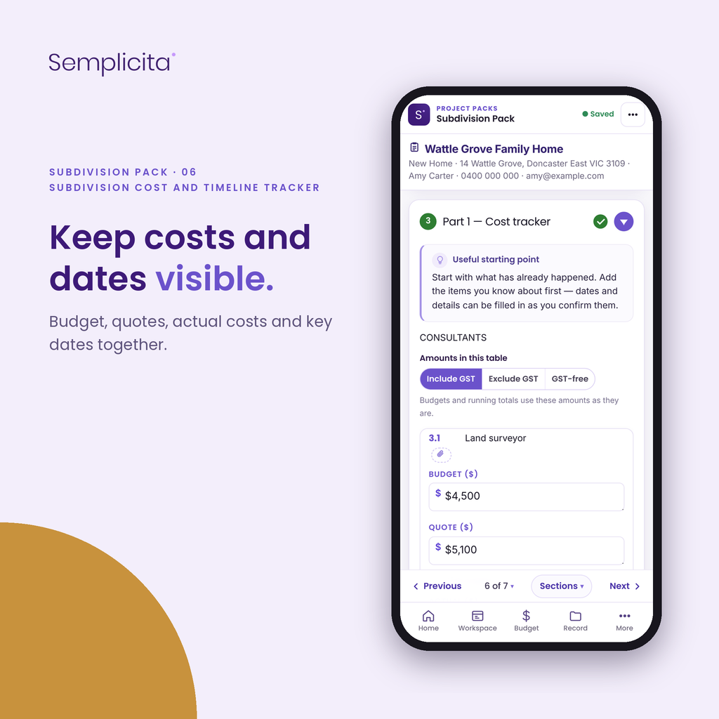 Subdivision Cost and Timeline Tracker — Subdivision Pack, shown in the Semplicita Workspace App
