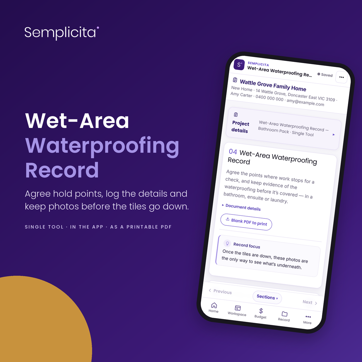 Wet-Area Waterproofing Record in the Semplicita Workspace App — Amy's project on a phone